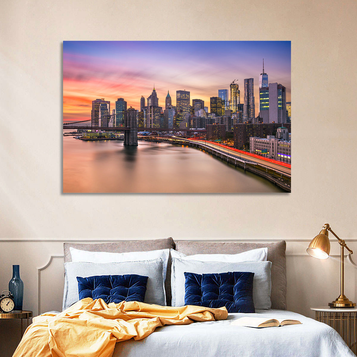 Brooklyn Bridge Light Trails Over Lower Manhattan Wall Art in a room, landscape