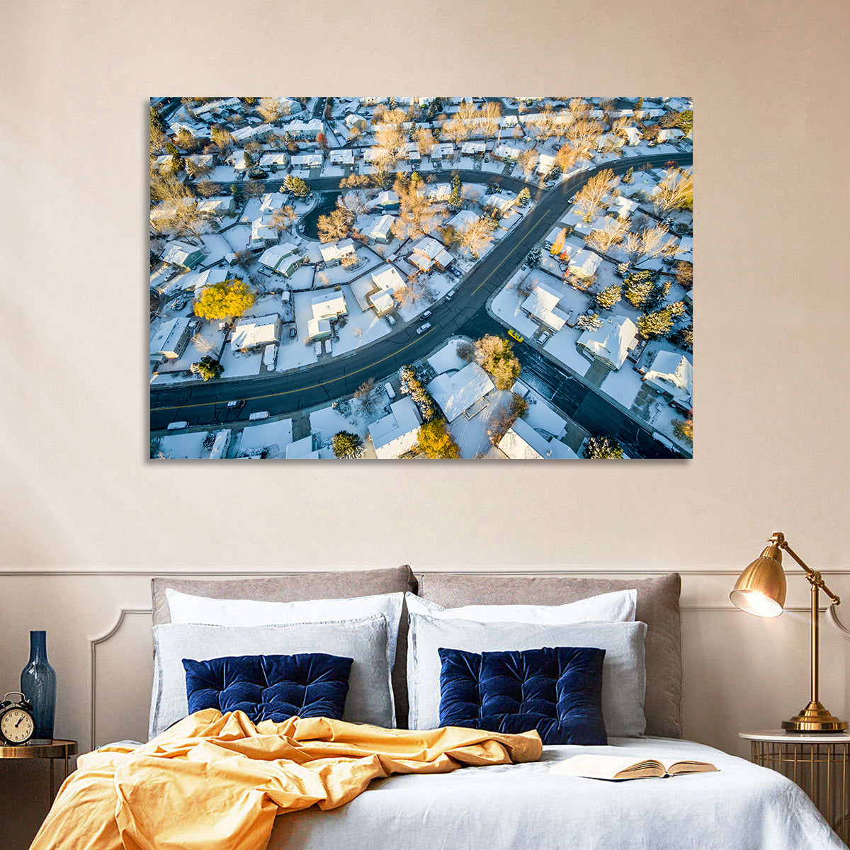 Snowy Fort Collins Neighborhood Aerial Wall Art in a room, landscape