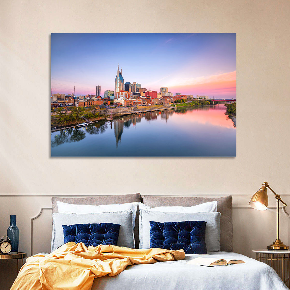 Nashville Skyline at Dusk Wall Art in a room, landscape