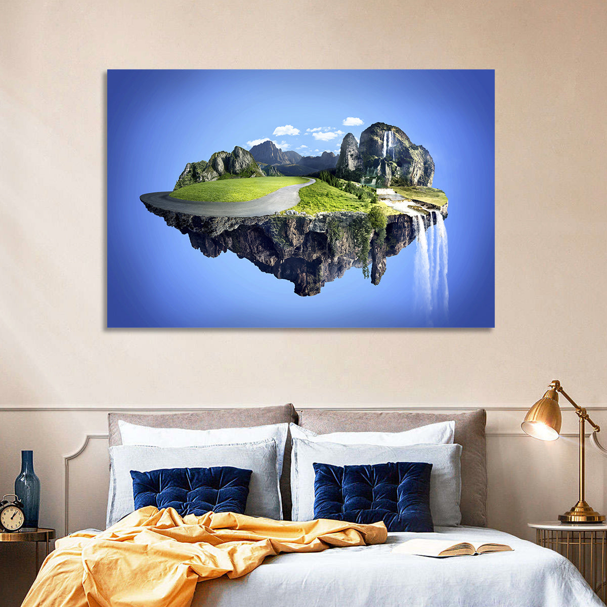 Surreal Floating Island with Waterfalls Wall Art in a room, landscape