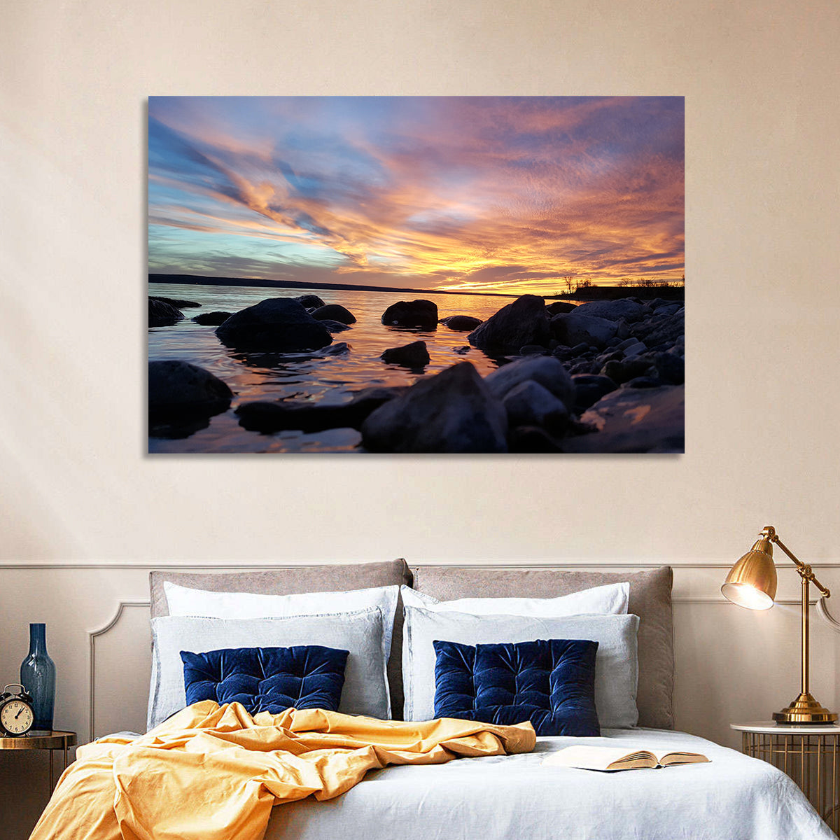 Lake Sakakawea Sunset Wall Art in a room, landscape