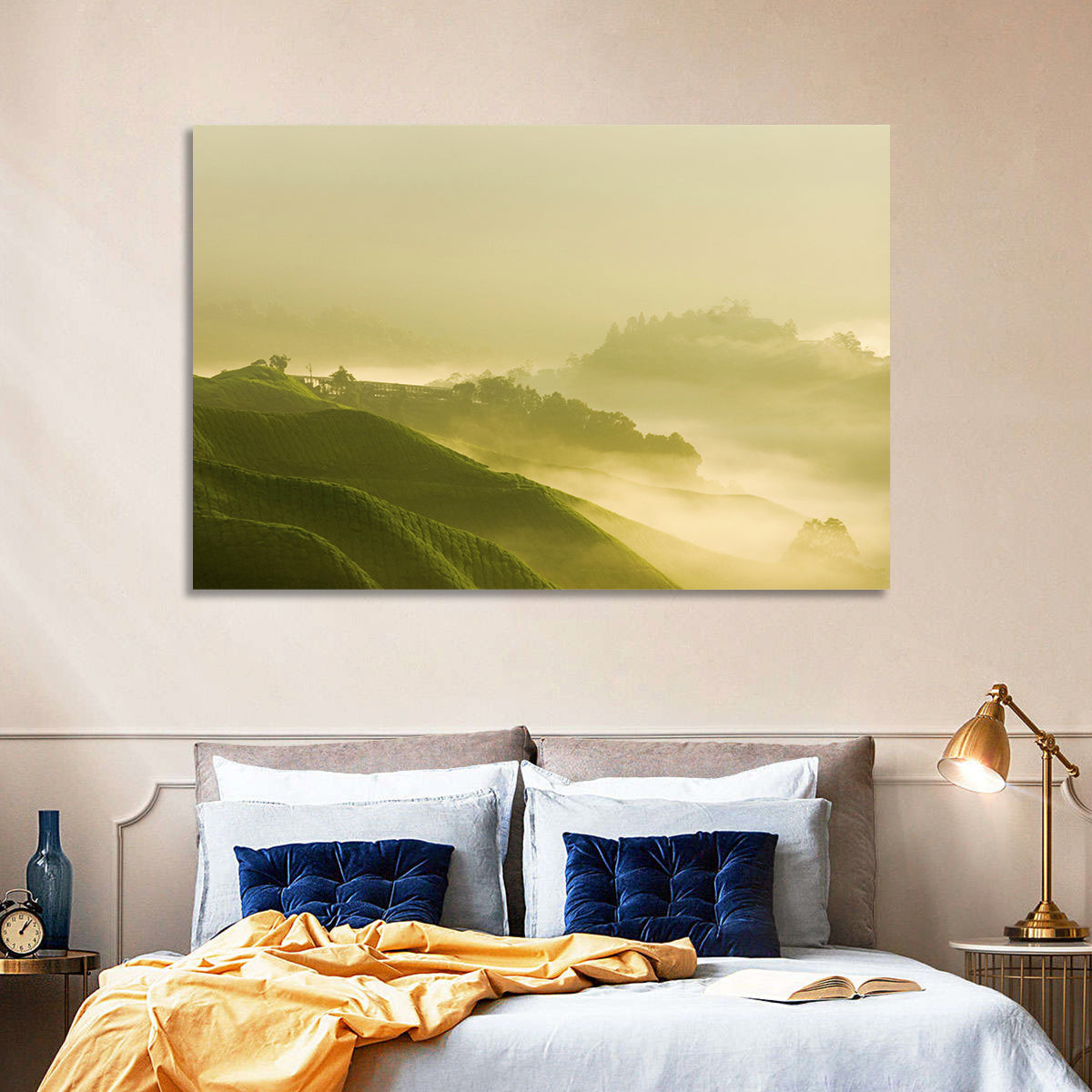Tea Plantation Morning Mist Wall Art in a room, landscape