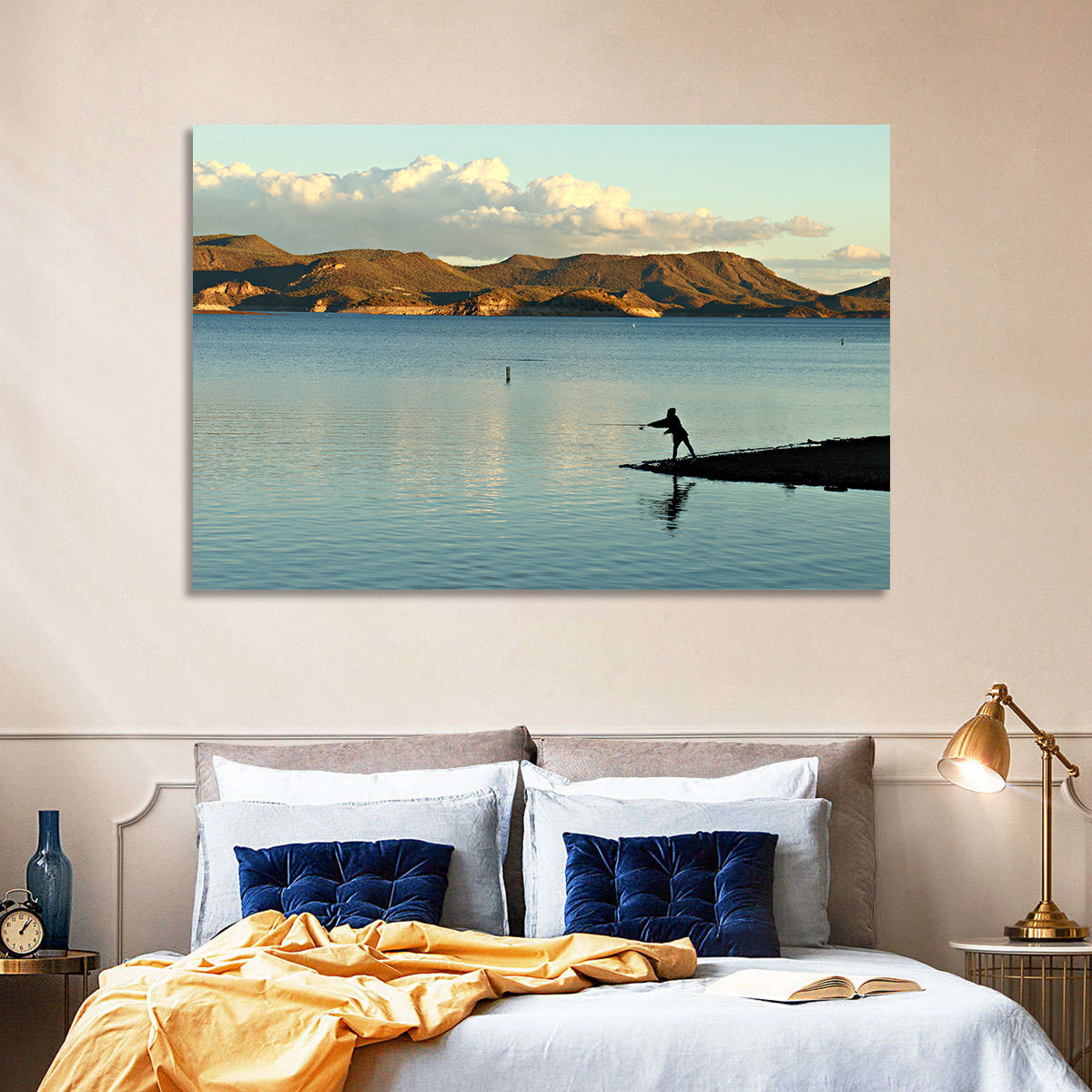 Lake Pleasant Fisherman Silhouette Wall Art in a room, landscape