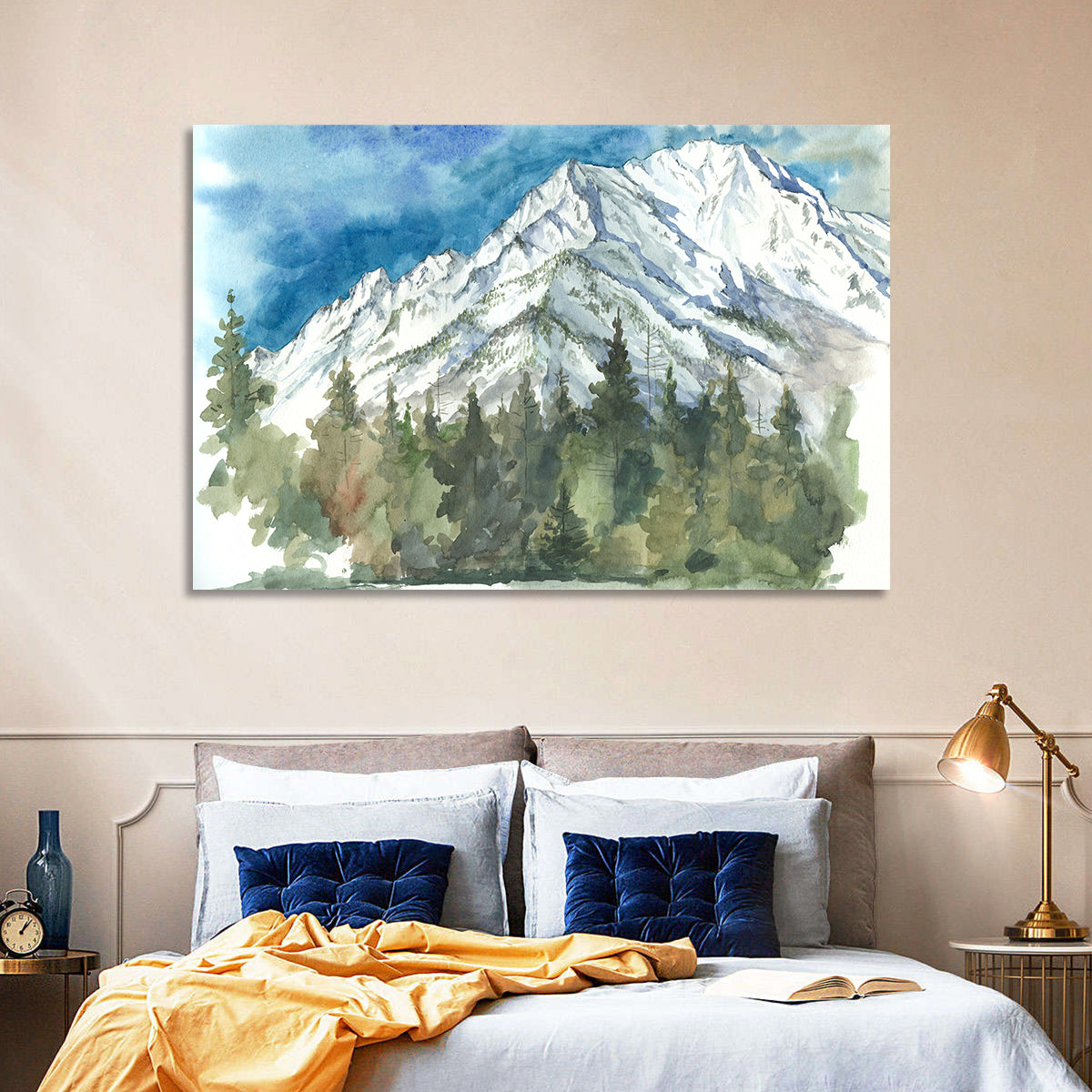 Snowy Mountain Watercolor Wall Art in a room, landscape