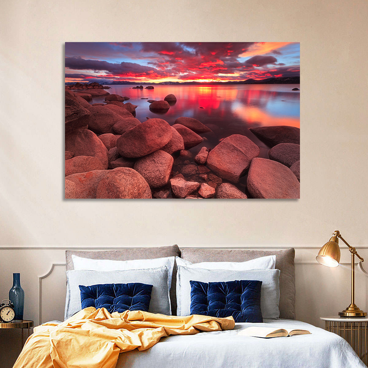 Lake Tahoe Sunset Reflection Wall Art in a room, landscape