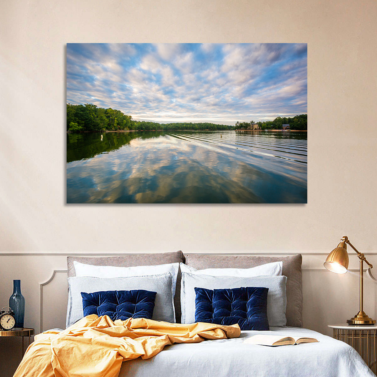 Cloudy Lake Norman Landscape Wall Art in a room, landscape