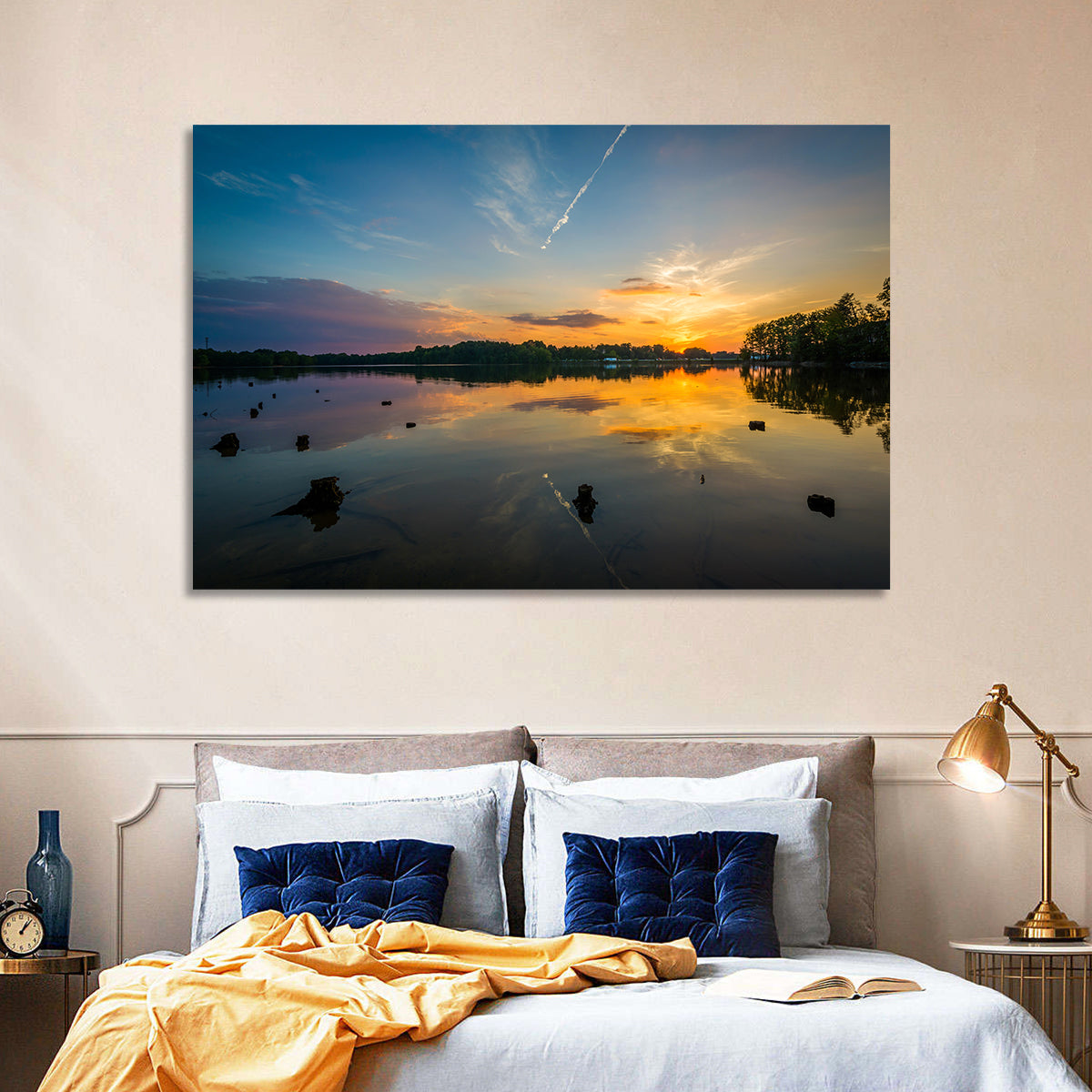 Lake Norman Sunset Reflection Wall Art in a room, landscape