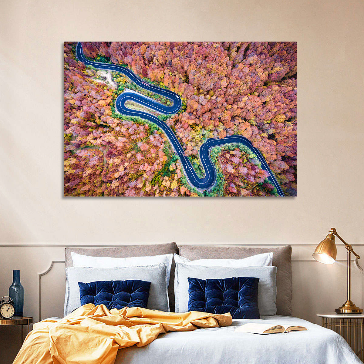 Serpentine Autumn Road Wall Art in a room, landscape