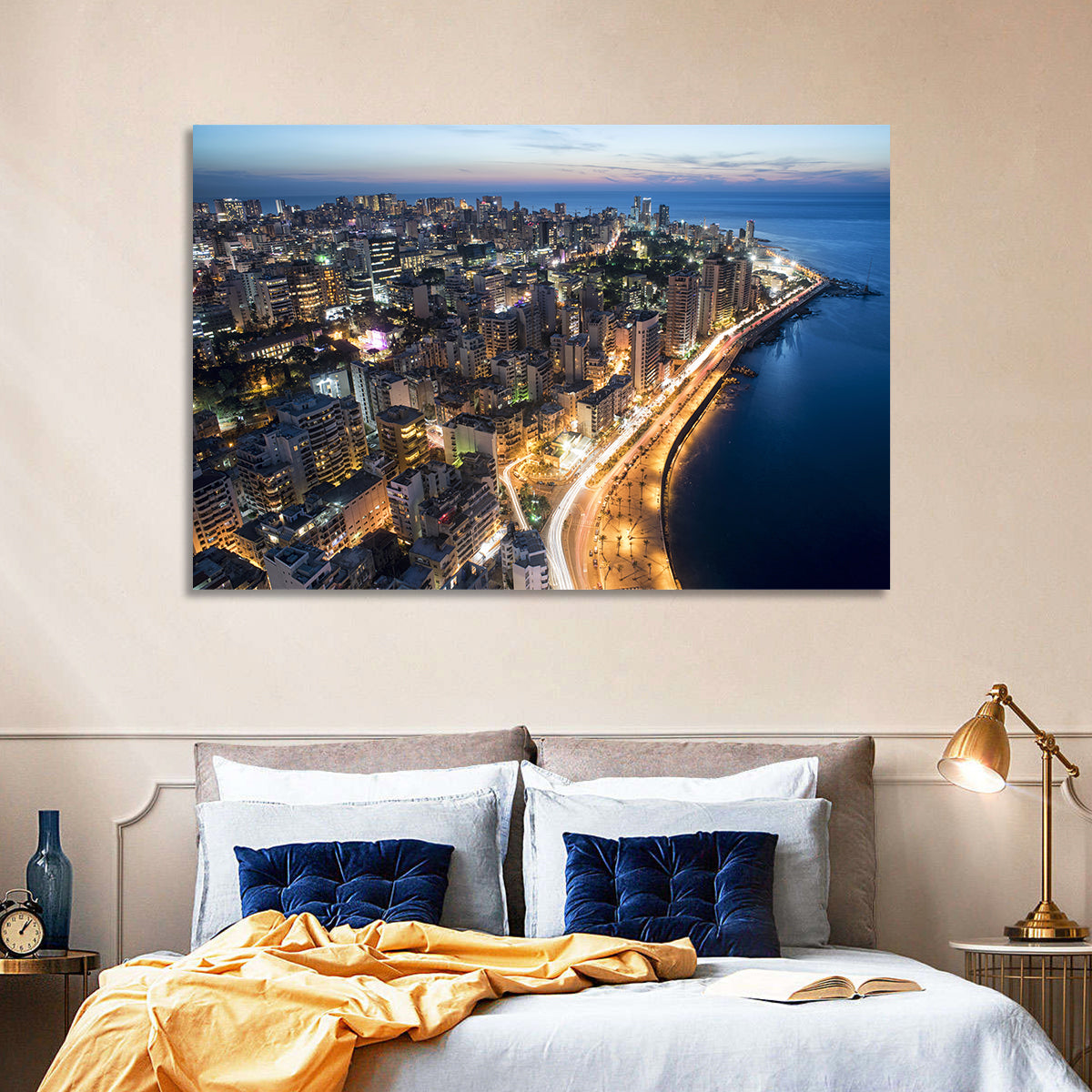 Beirut Corniche at Dusk Wall Art in a room, landscape