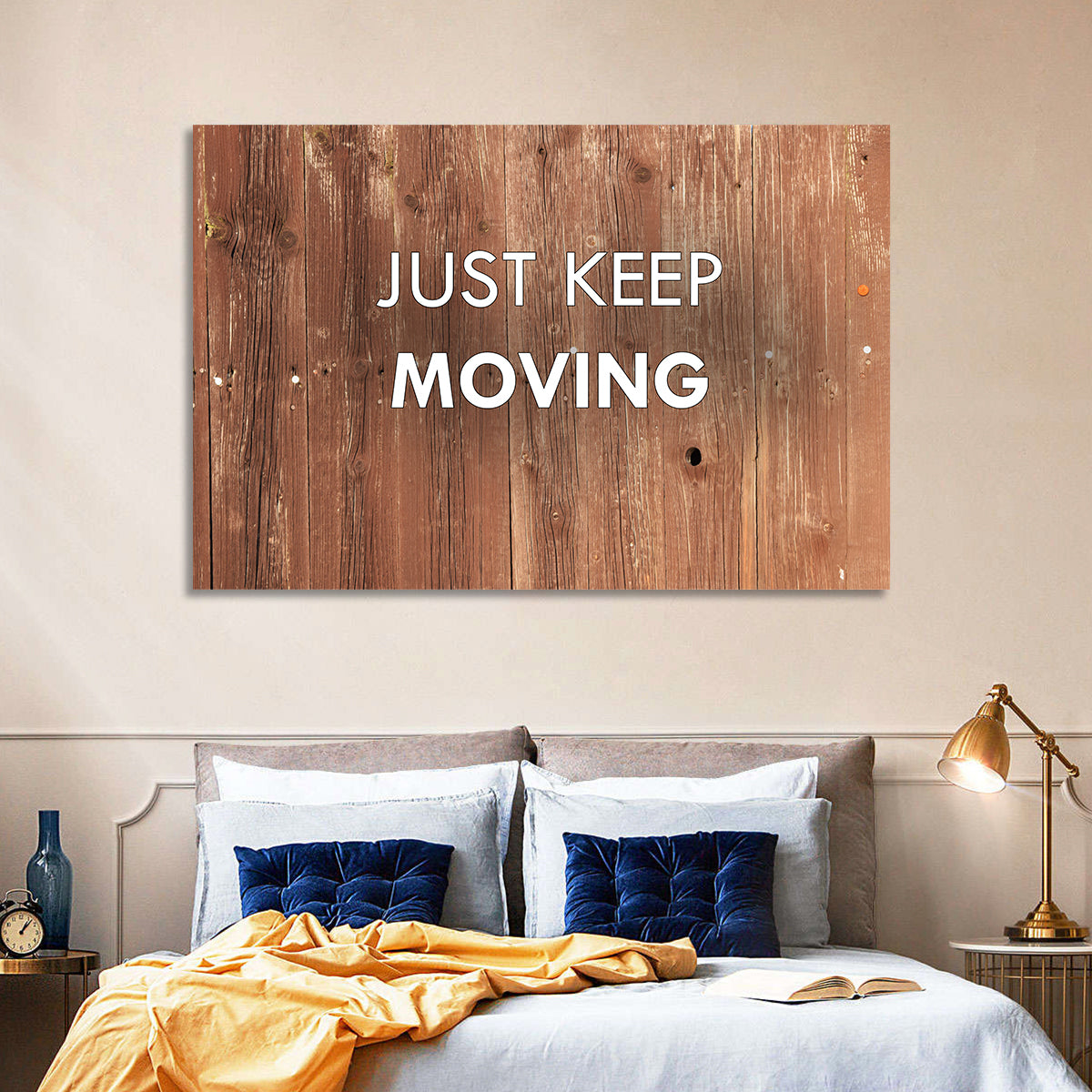 Just Keep Moving Rustic Quote Wall Art in a room, landscape