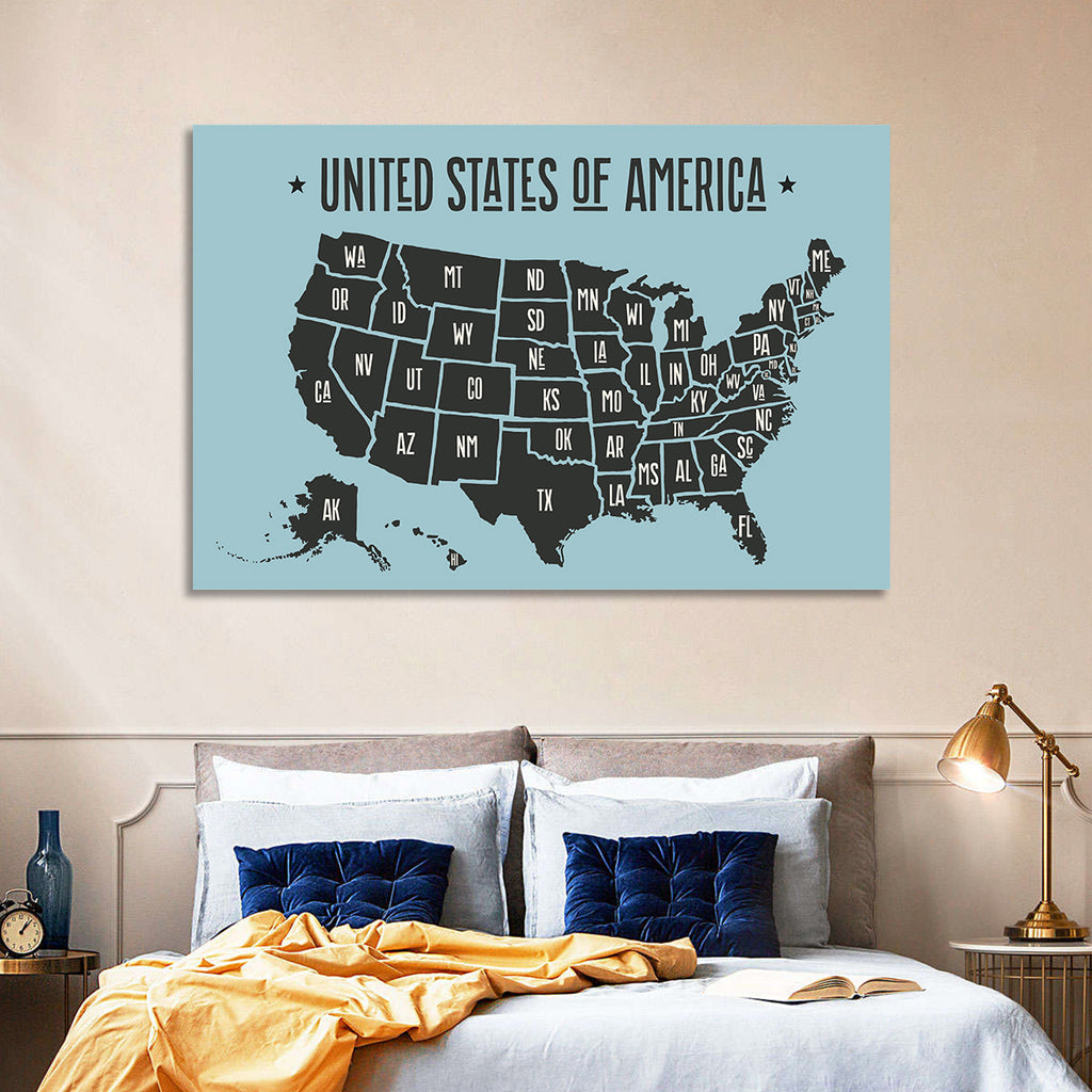 Minimalist USA Map with State Abbreviations Wall Art