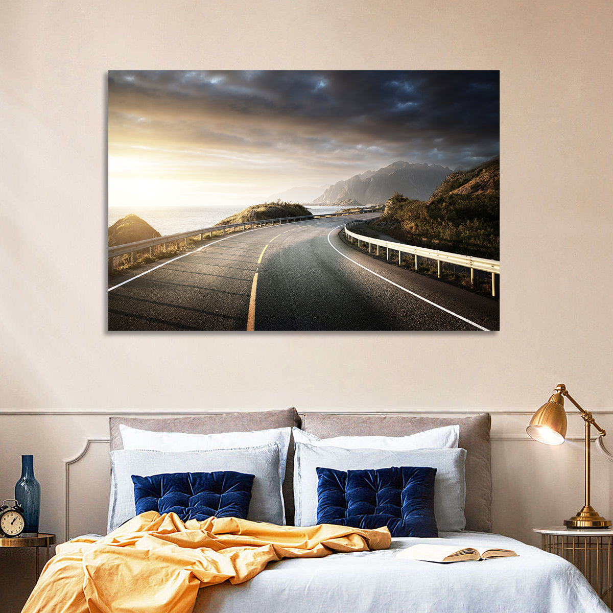 Golden Sunrise Coastal Road Wall Art in a room, landscape