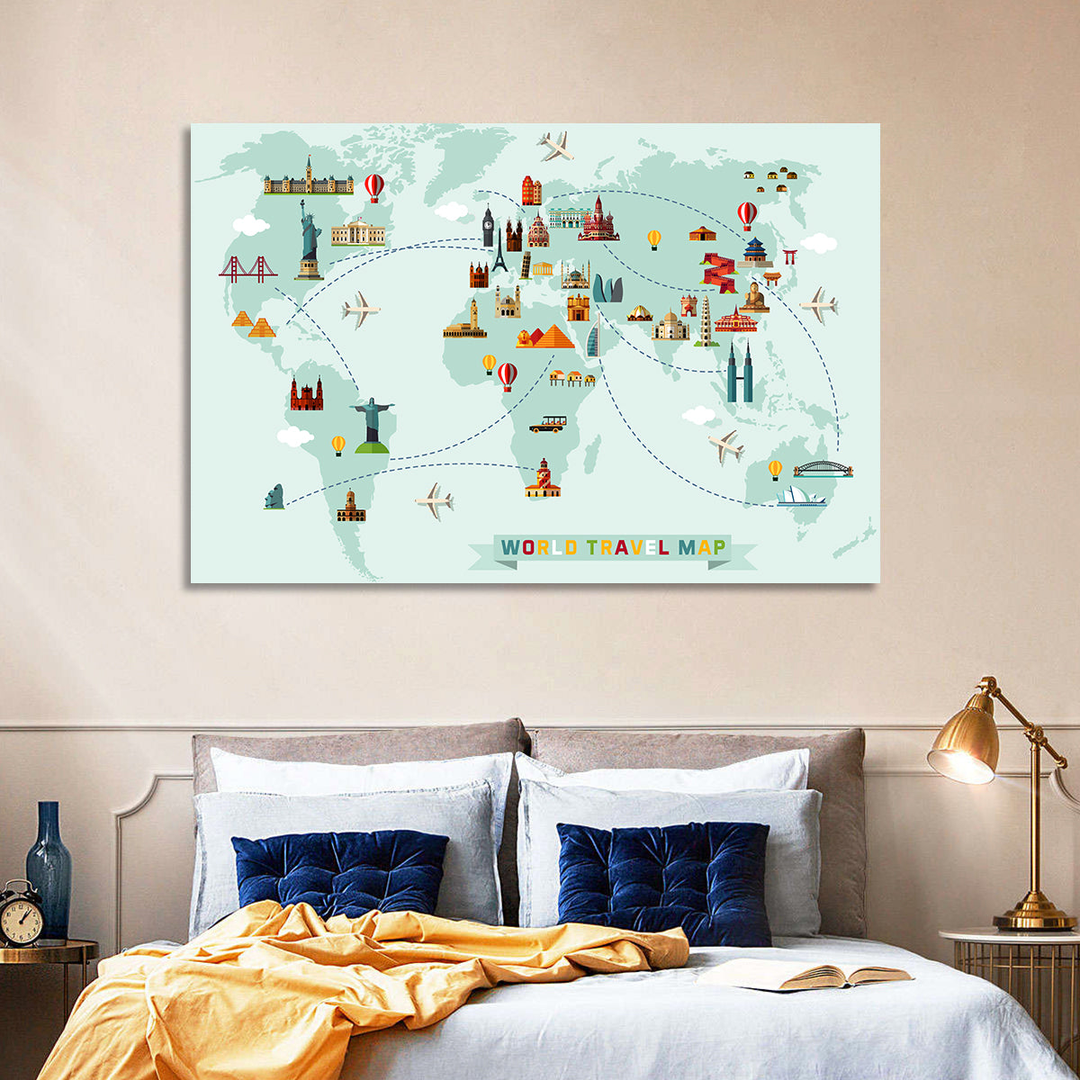 World Travel Map Illustration Wall Art in a room, landscape