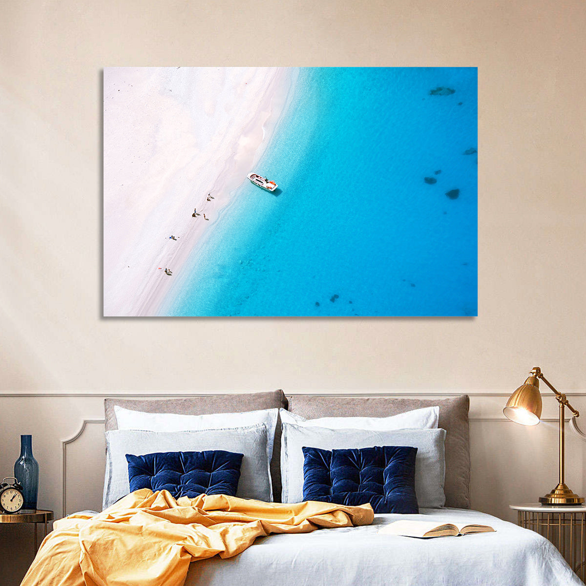 Aerial Beach Bay with White Boat Wall Art in a room, landscape