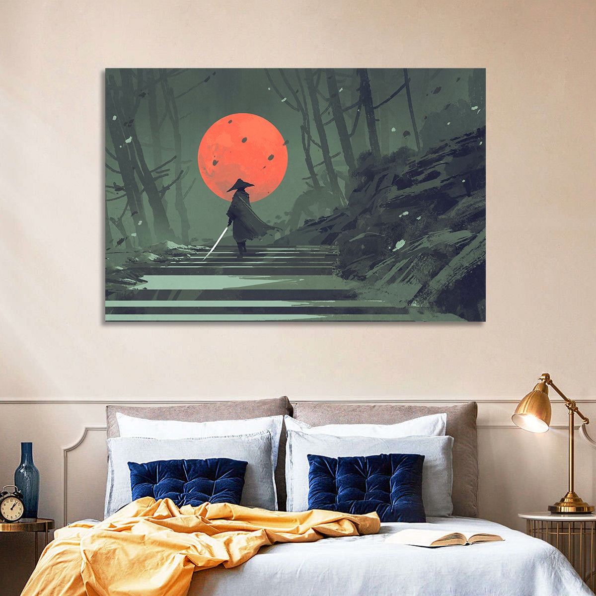 Samurai Under Red Moon Wall Art in a room, landscape