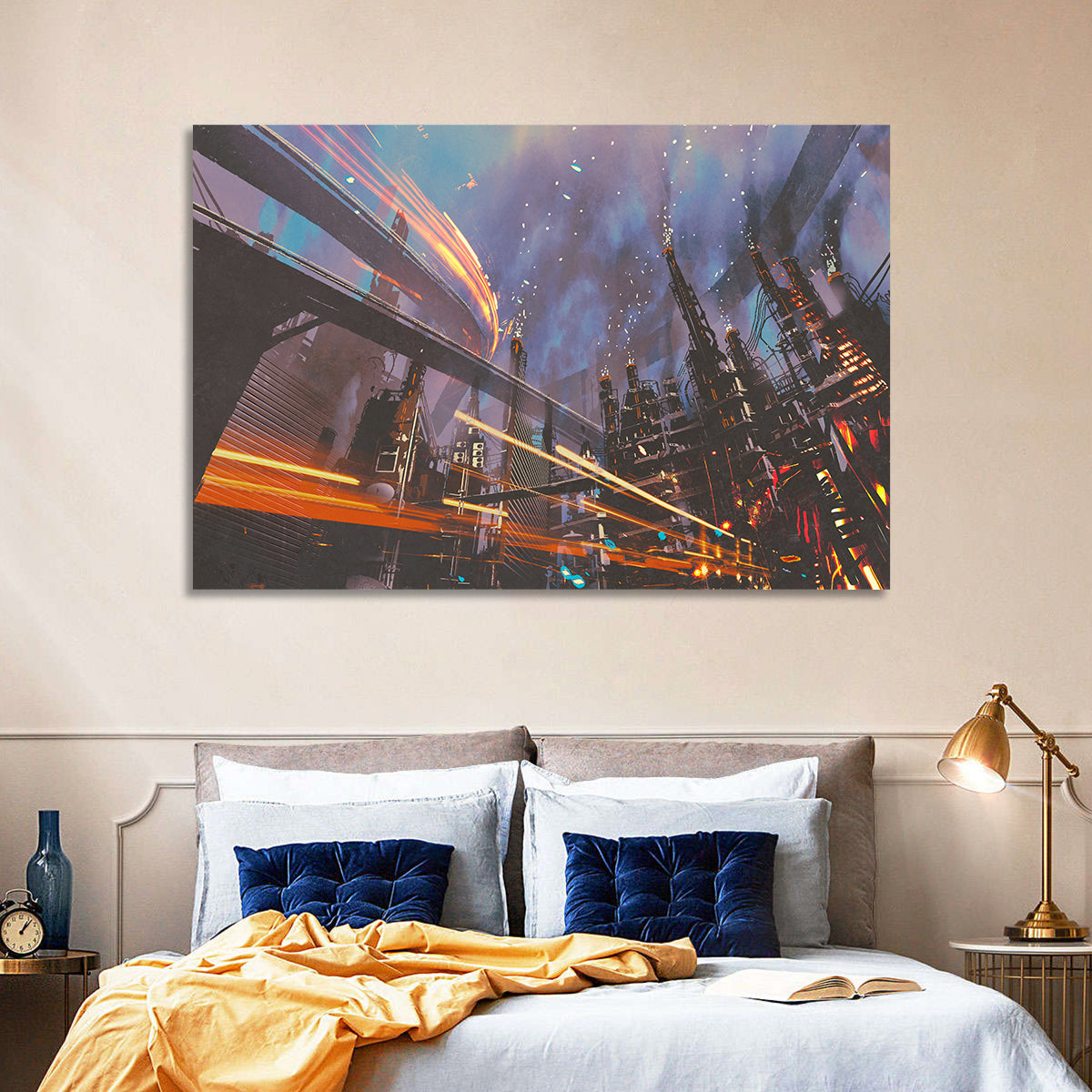 Futuristic Industrial Cityscape Wall Art in a room, landscape