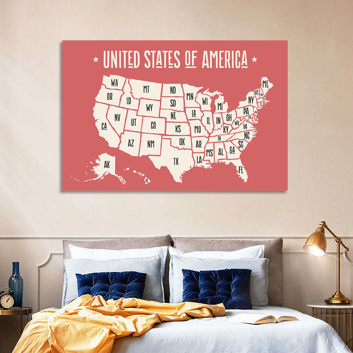 United States Map with State Abbreviations Wall Art in a room, landscape