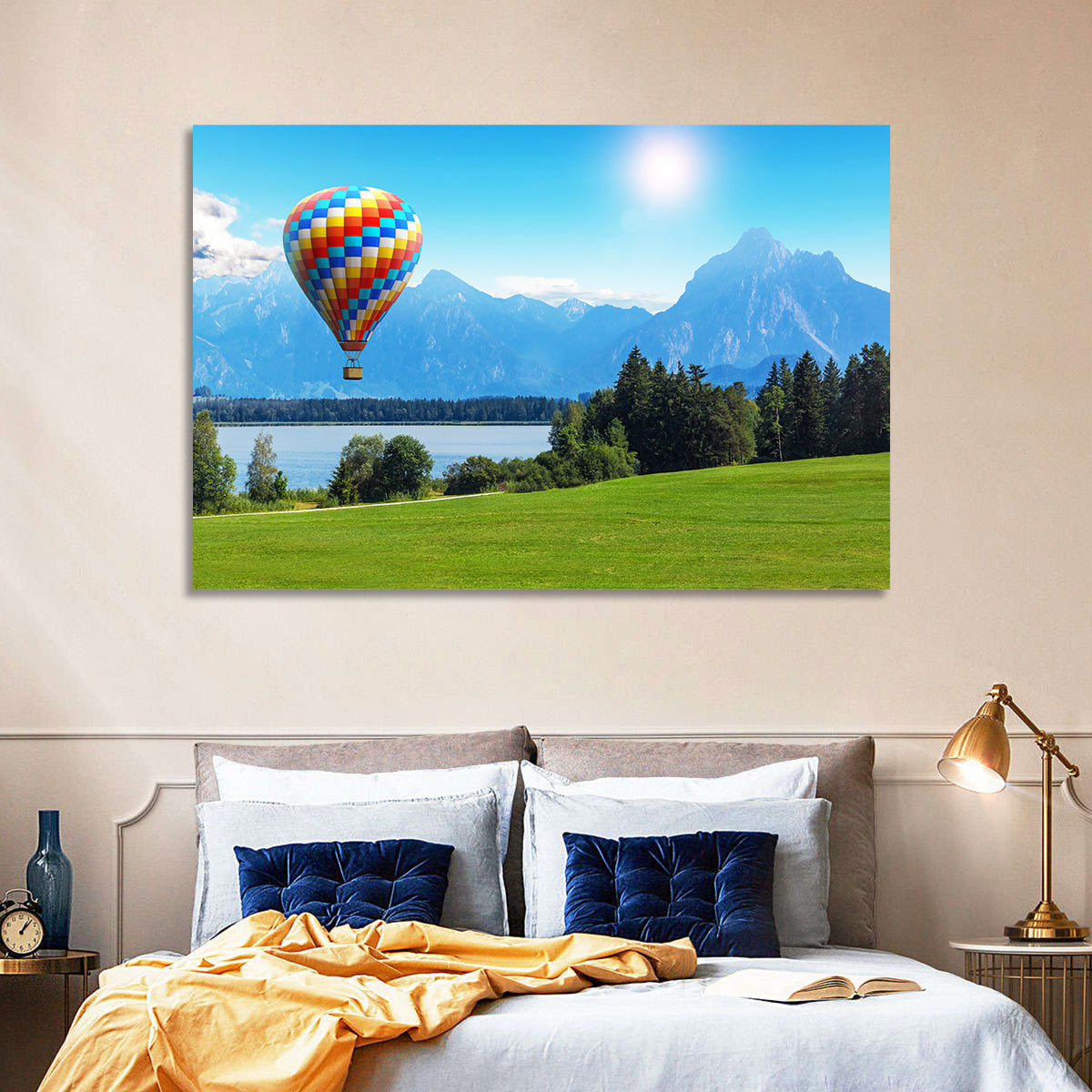 Bavarian Lake with Hot Air Balloon Wall Art in a room, landscape