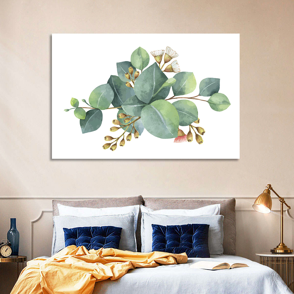 Eucalyptus Leaves with Pink Blossom Wall Art in a room, landscape