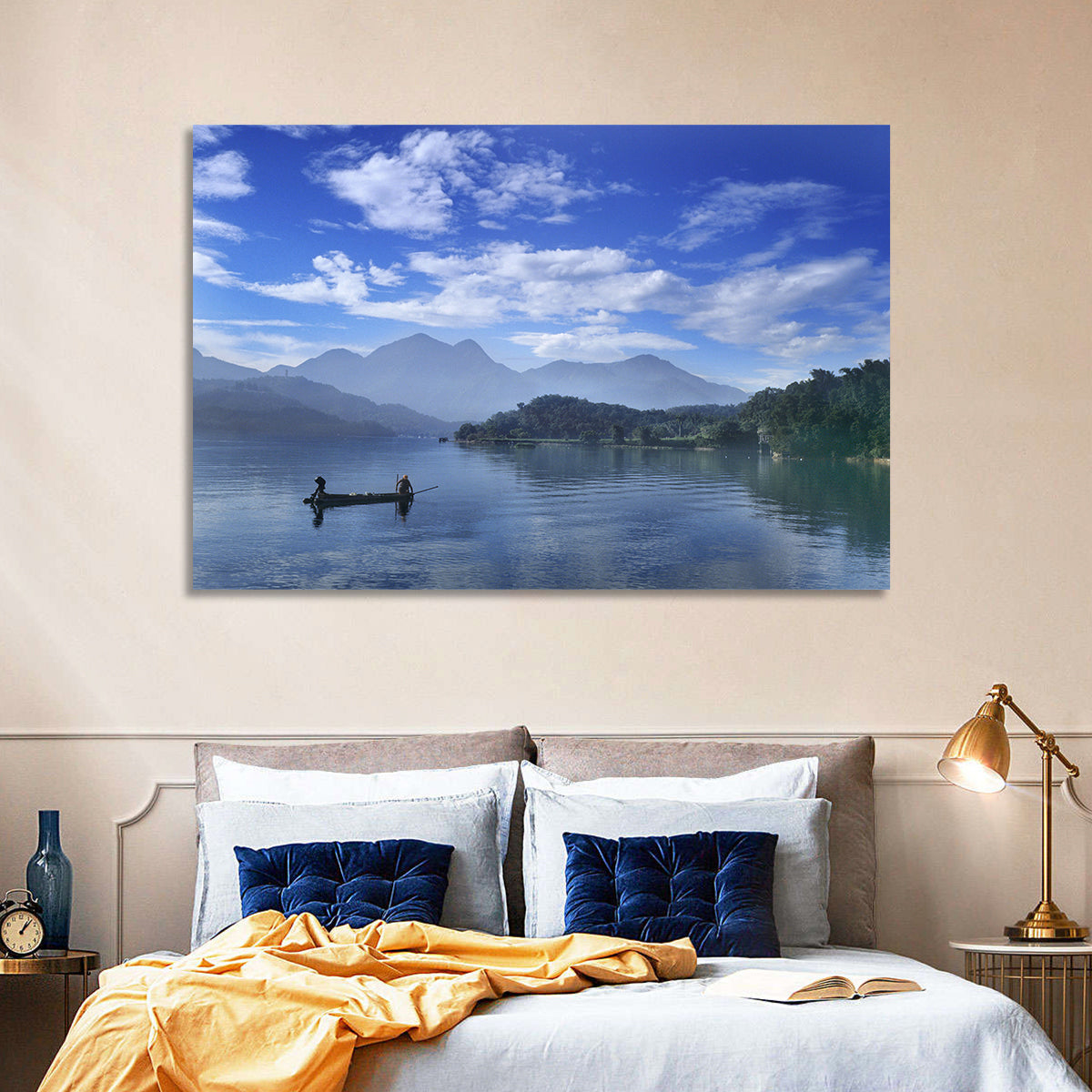 Sun Moon Lake Morning Mist Wall Art in a room, landscape
