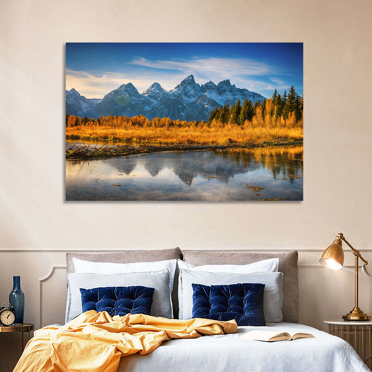 Grand Tetons Golden Reflection Wall Art in a room, landscape