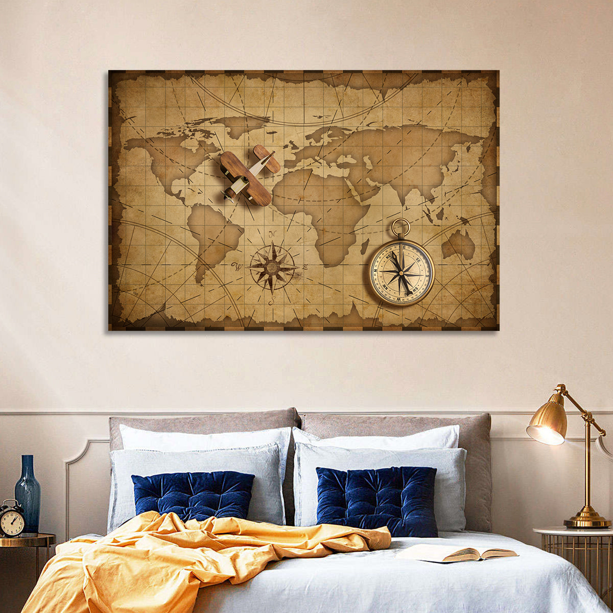 Retro Map with Biplane and Compass Wall Art