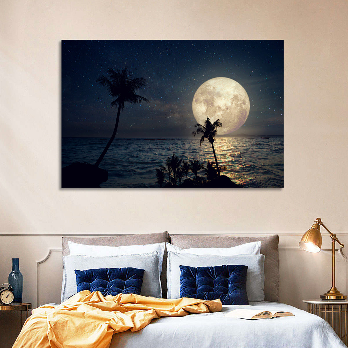 Supermoon Over Tropical Beach Wall Art in a room, landscape