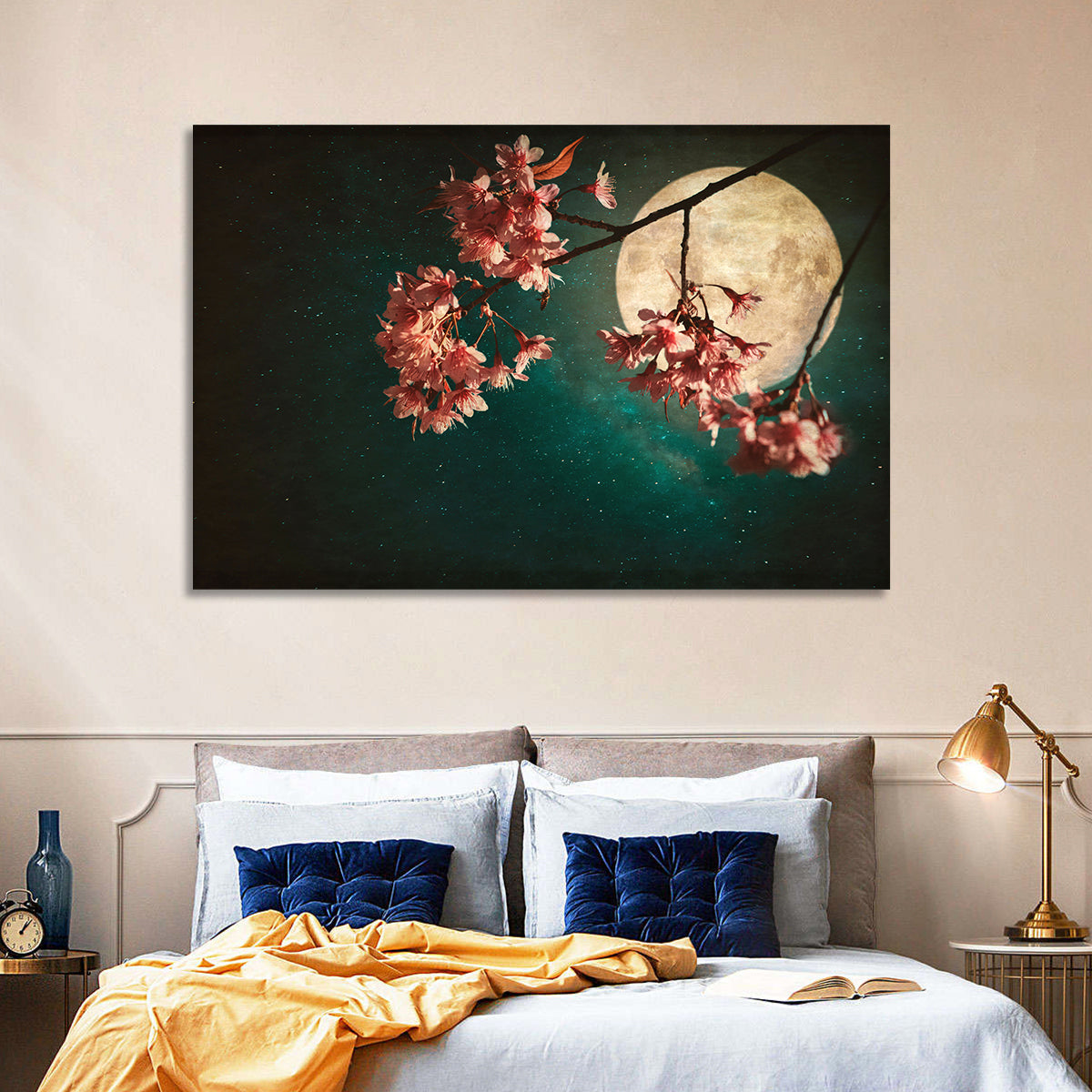 Moonlit Sakura Blossoms Wall Art in a room, landscape