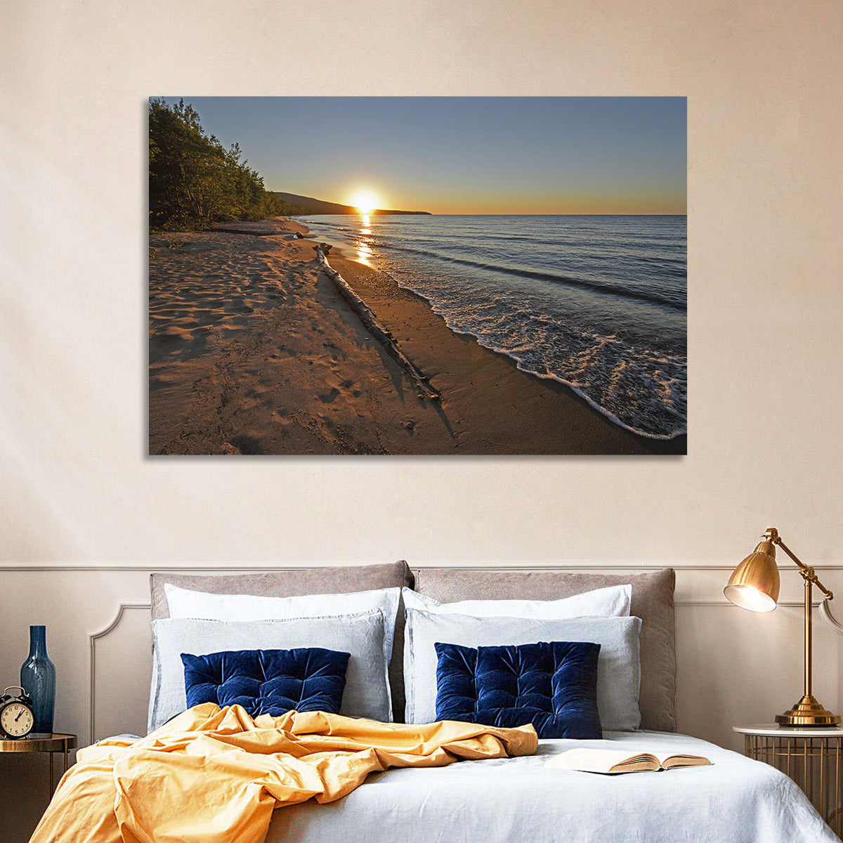 Lake Superior Driftwood Beach Sunset Wall Art in a room, landscape