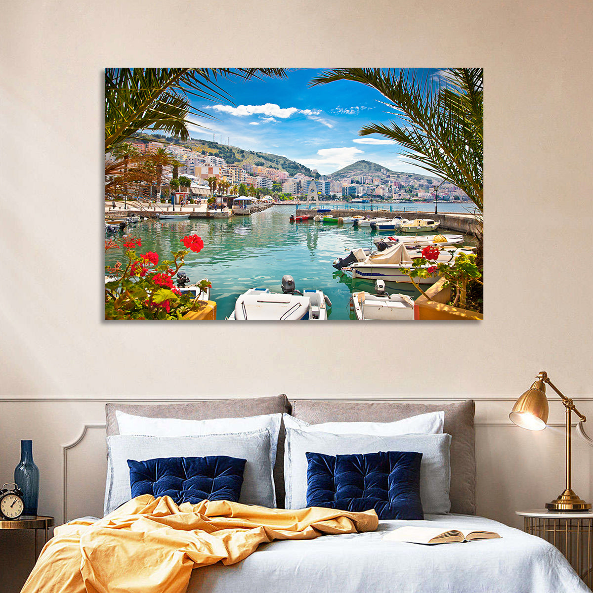 Saranda Harbor View Wall Art in a room, landscape
