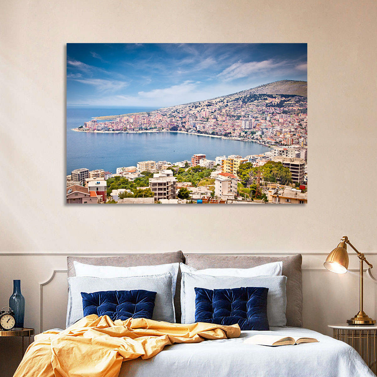 Saranda Bay Cityscape Wall Art in a room, landscape