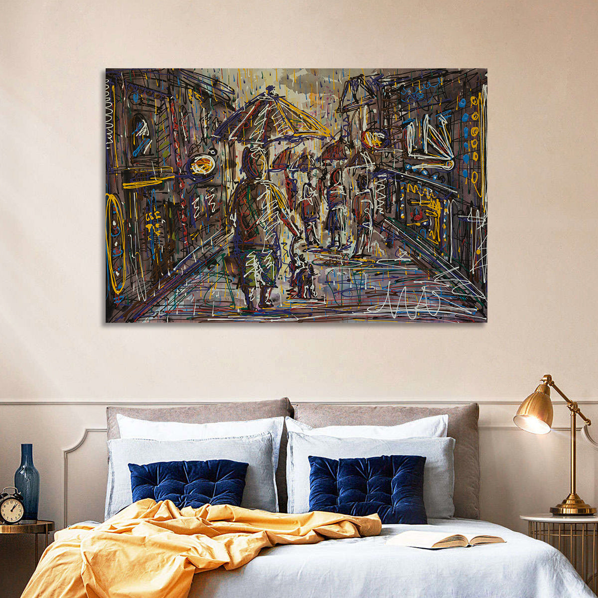 Rainy City Street Wall Art in a room, landscape