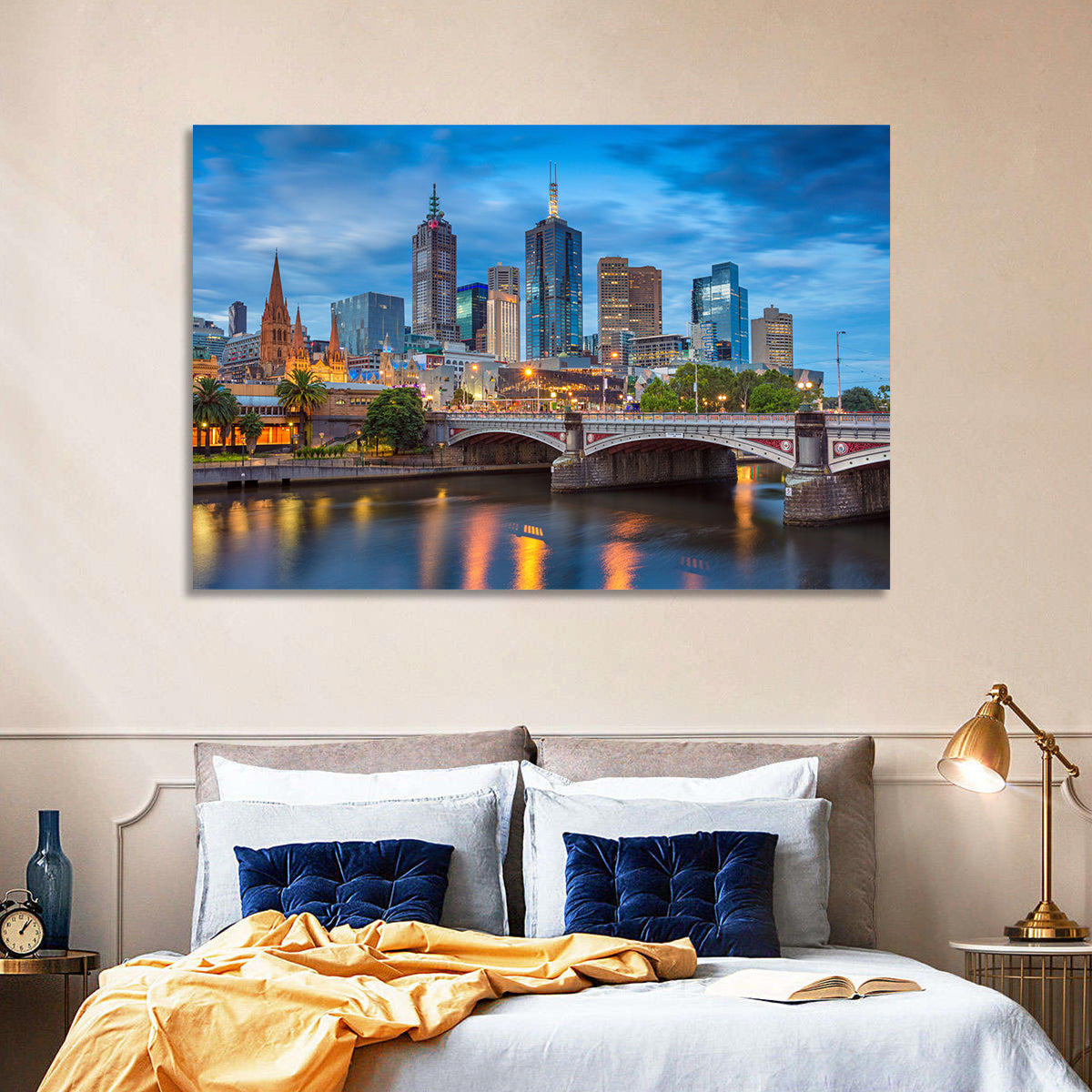 Melbourne Blue Hour Skyline Wall Art in a room, landscape