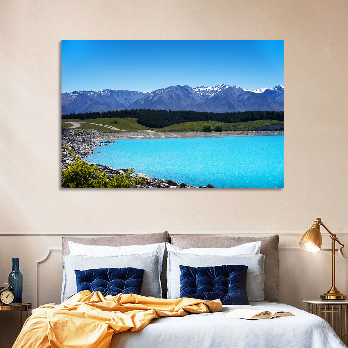 Lake Pukaki Turquoise View Wall Art in a room, landscape