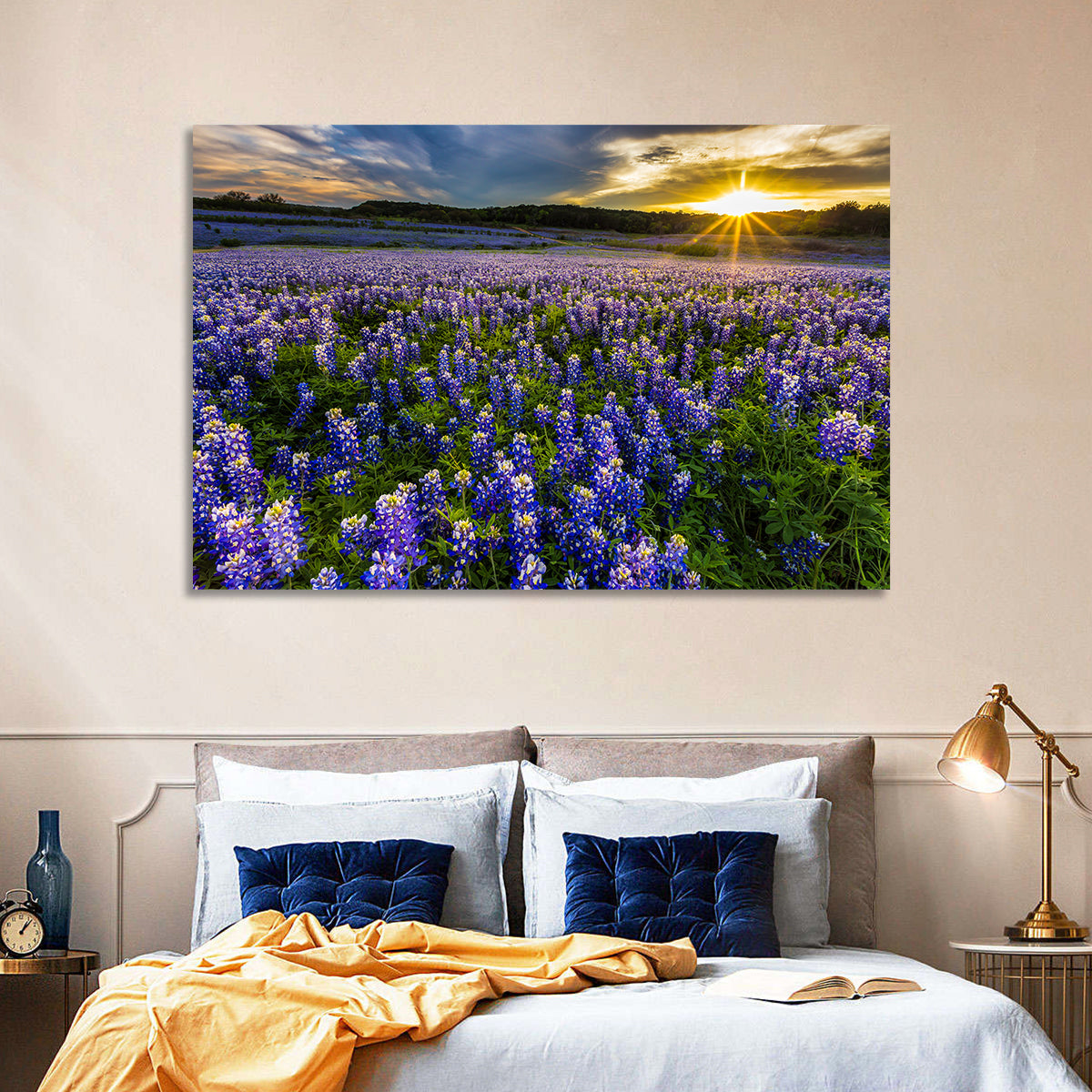 Texas Bluebonnet Field at Sunset Wall Art in a room, landscape