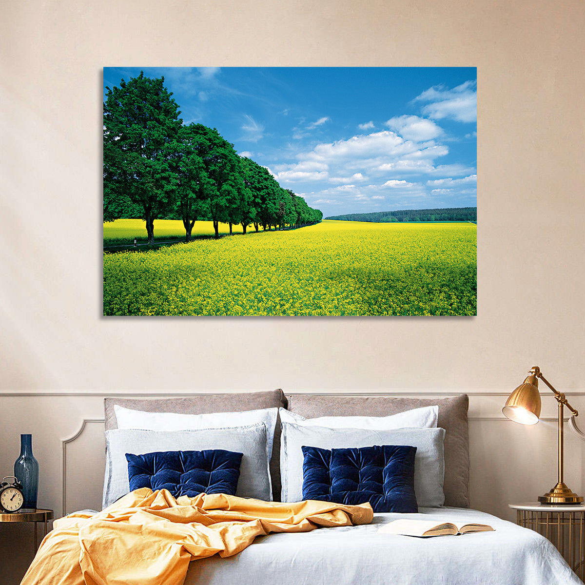 Spring Field of Yellow Flowers Wall Art in a room, landscape