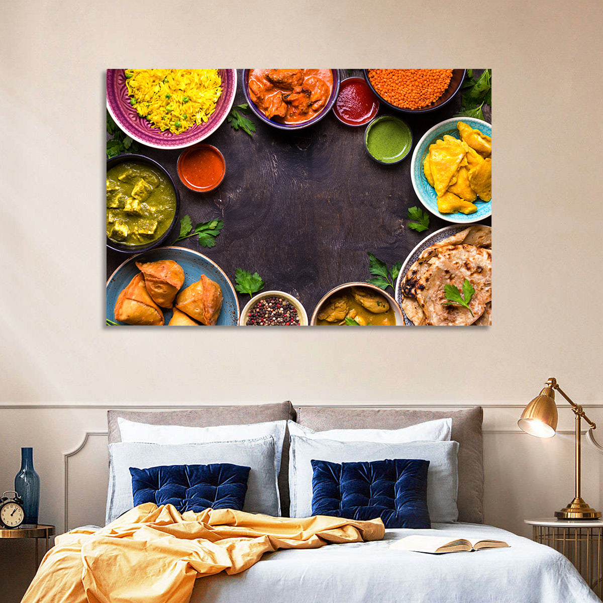 Indian Feast Flat-lay Wall Art in a room, landscape