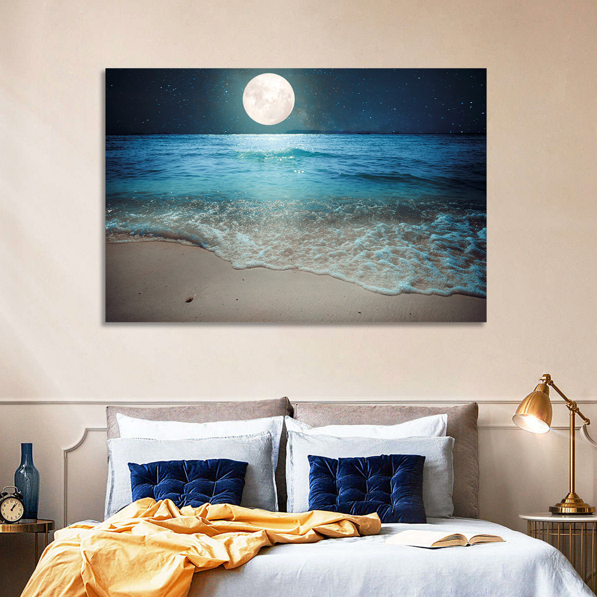 Full Moon Over Beach Wall Art in a room, landscape