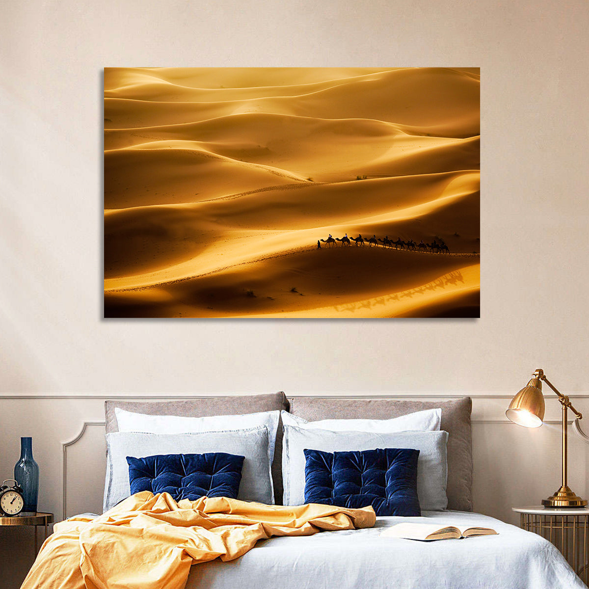 Golden Hour Camel Caravan Wall Art in a room, landscape