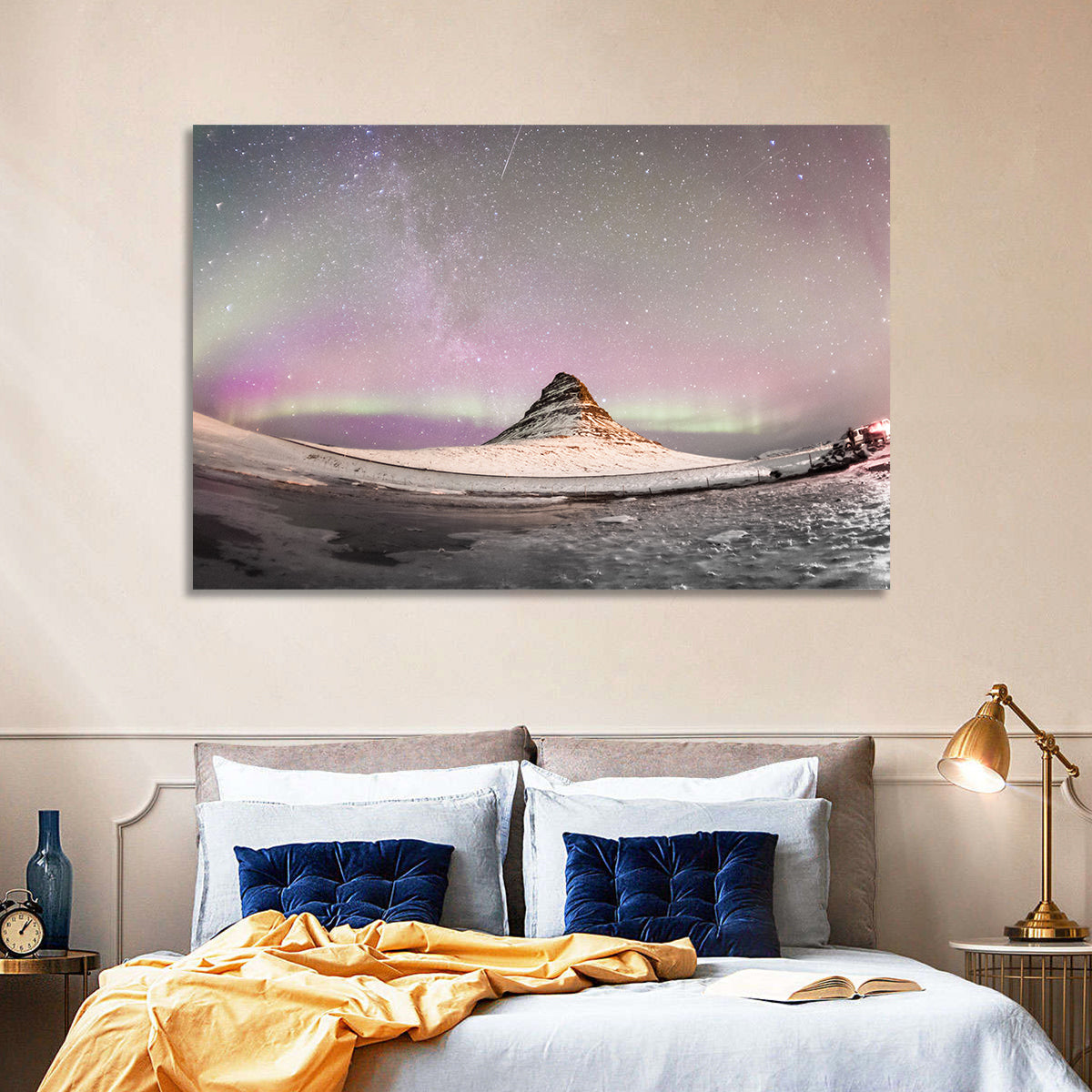 Aurora Over Kirkjufell Wall Art in a room, landscape
