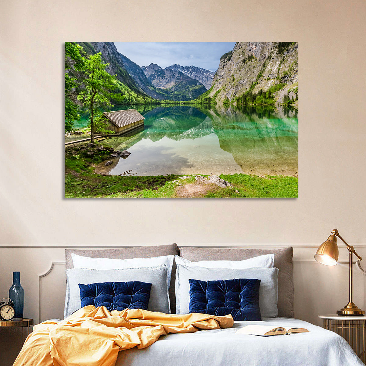 Obersee Boathouse Reflection Wall Art in a room, landscape