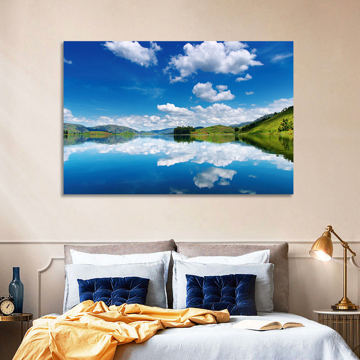 Bunyonyi Lake Reflection Wall Art in a room, landscape