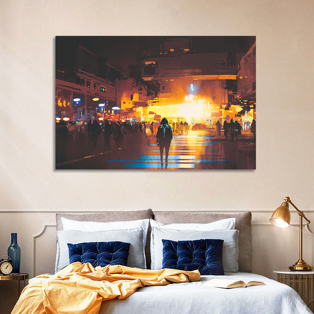 Futuristic Neon Cityscape Wall Art in a room, landscape