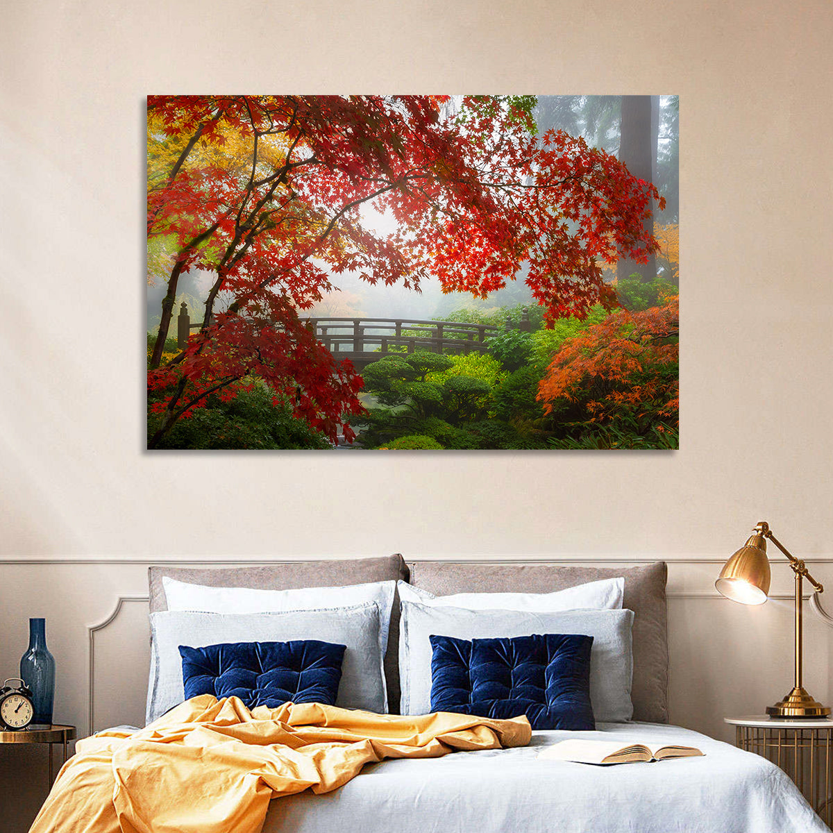 Portland Moon Bridge in Autumn Mist Wall Art in a room, landscape
