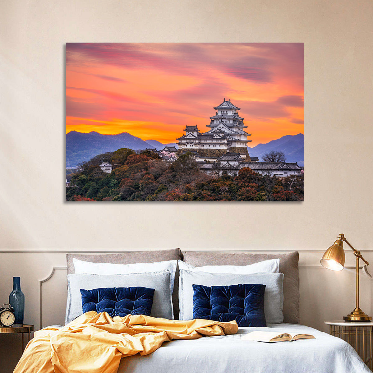 Himeji Castle at Sunrise Wall Art in a room, landscape