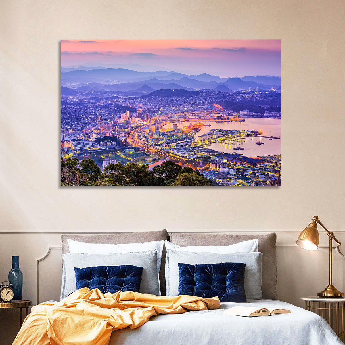 Sasebo Downtown Twilight Harbor Wall Art in a room, landscape