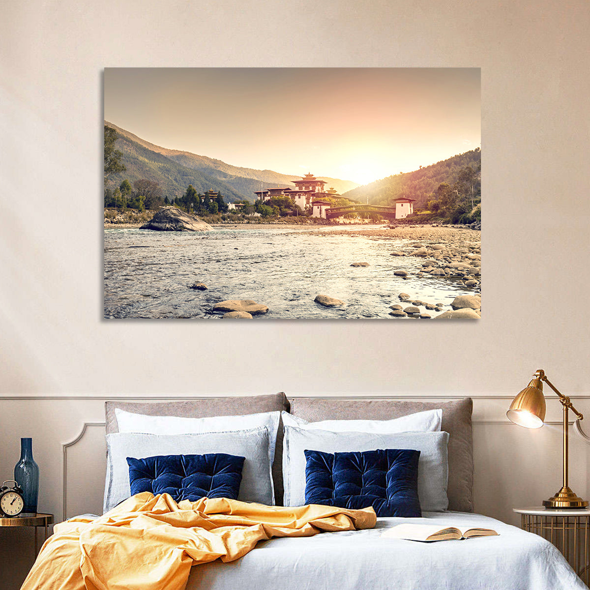 Punakha Dzong at Golden Hour Wall Art in a room, landscape