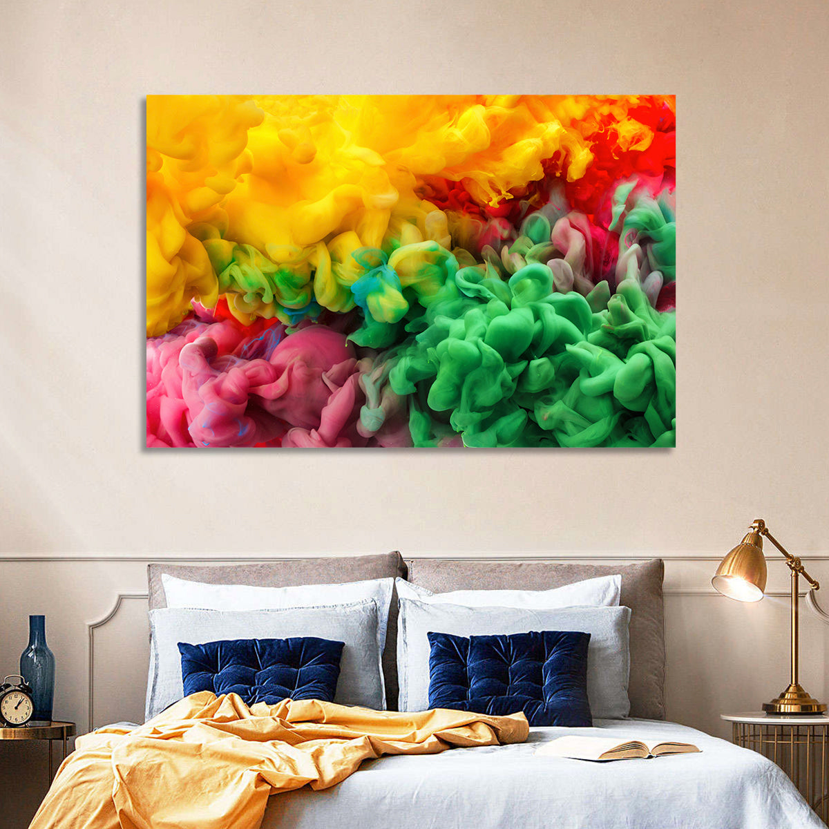 Vibrant Underwater Ink Cloud Abstract Wall Art in a room, landscape