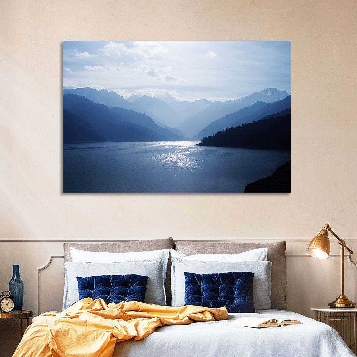 Xinjiang Lakeshore Serenity Wall Art in a room, landscape