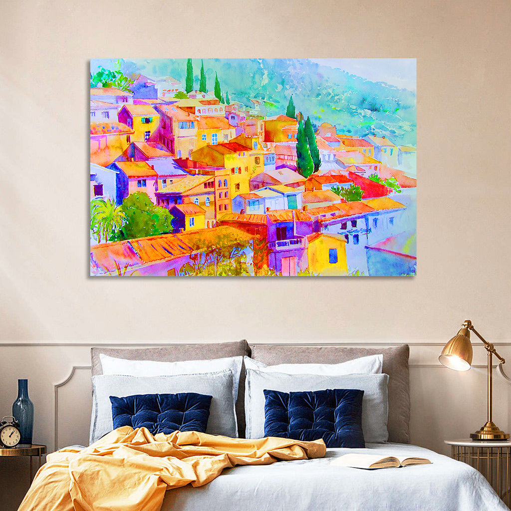 Mediterranean Hillside Watercolor Village Wall Art